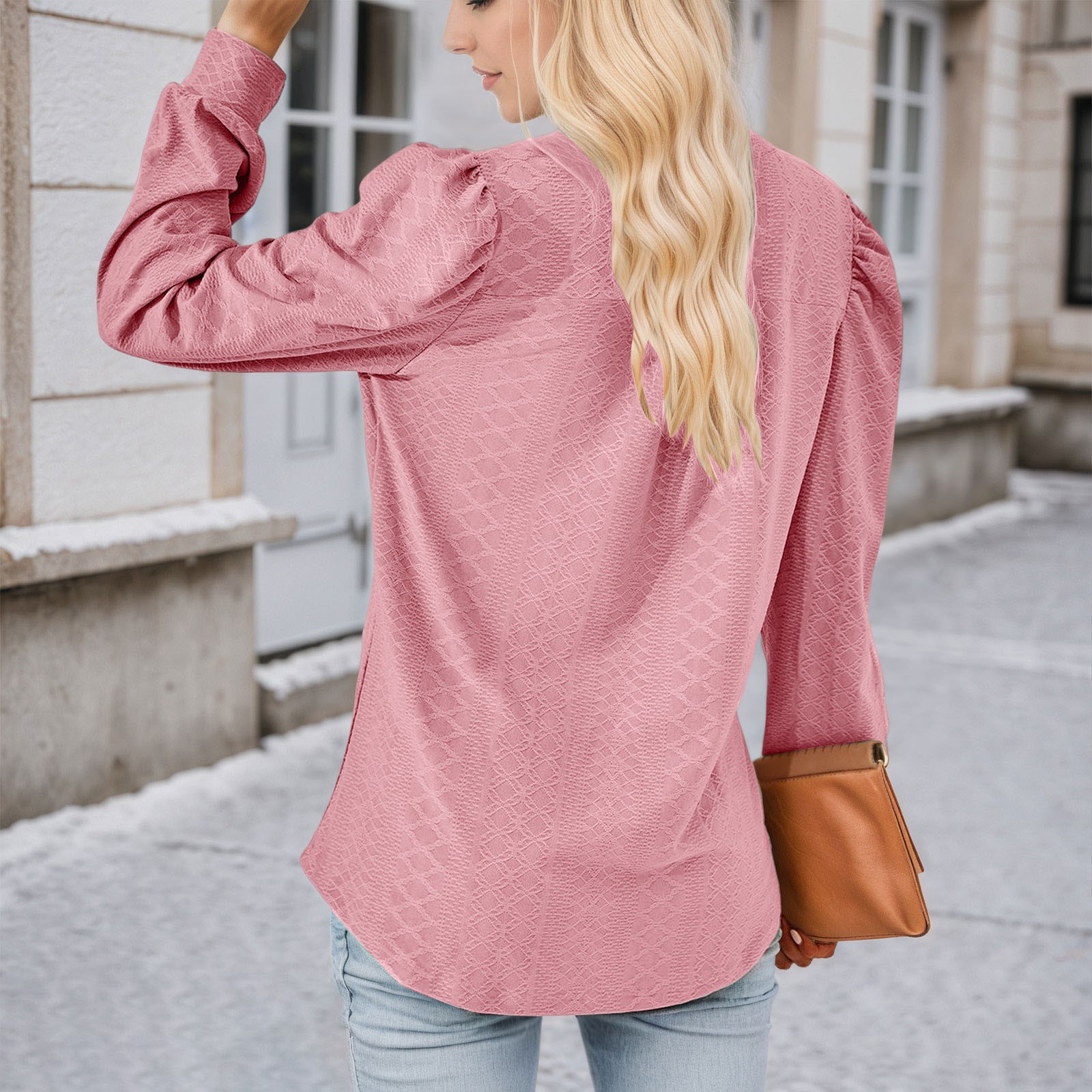 thumbnail image 4 of Top de manga larga con cuello en V y tejido jacquard para mujer - Camiseta holgada de color liso, 4 of 6